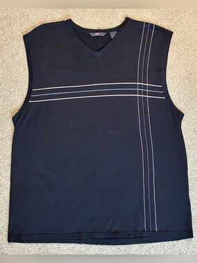 Men's H&H Sleeveless V-Neck Silk Blend Sweater Vest L Black Tan Stripe Detail